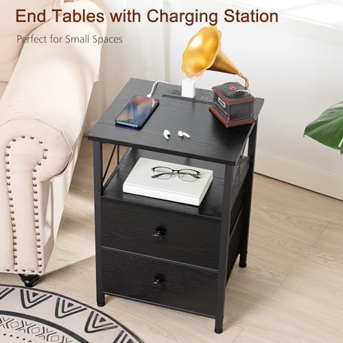 AMHANCIBLE Night Stand Set 2, Nightstand with Charging Station, End Tables Living Room with USB Ports and Outlets, Bedside Tables with Fabric Drawers for Bedroom, Dark Grey HET05XDG