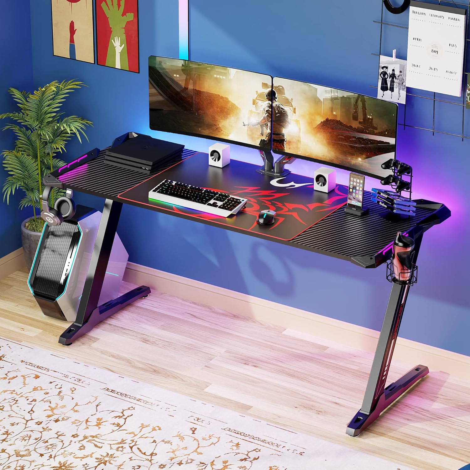 EUREKA ERGONOMIC Z60 Gaming Desk 60 inch Computer Desk Z Shaped Large PC Tables with RGB LED Lights Mouse Pad for E-Sport Racing Gamer Pro Home Office Gift