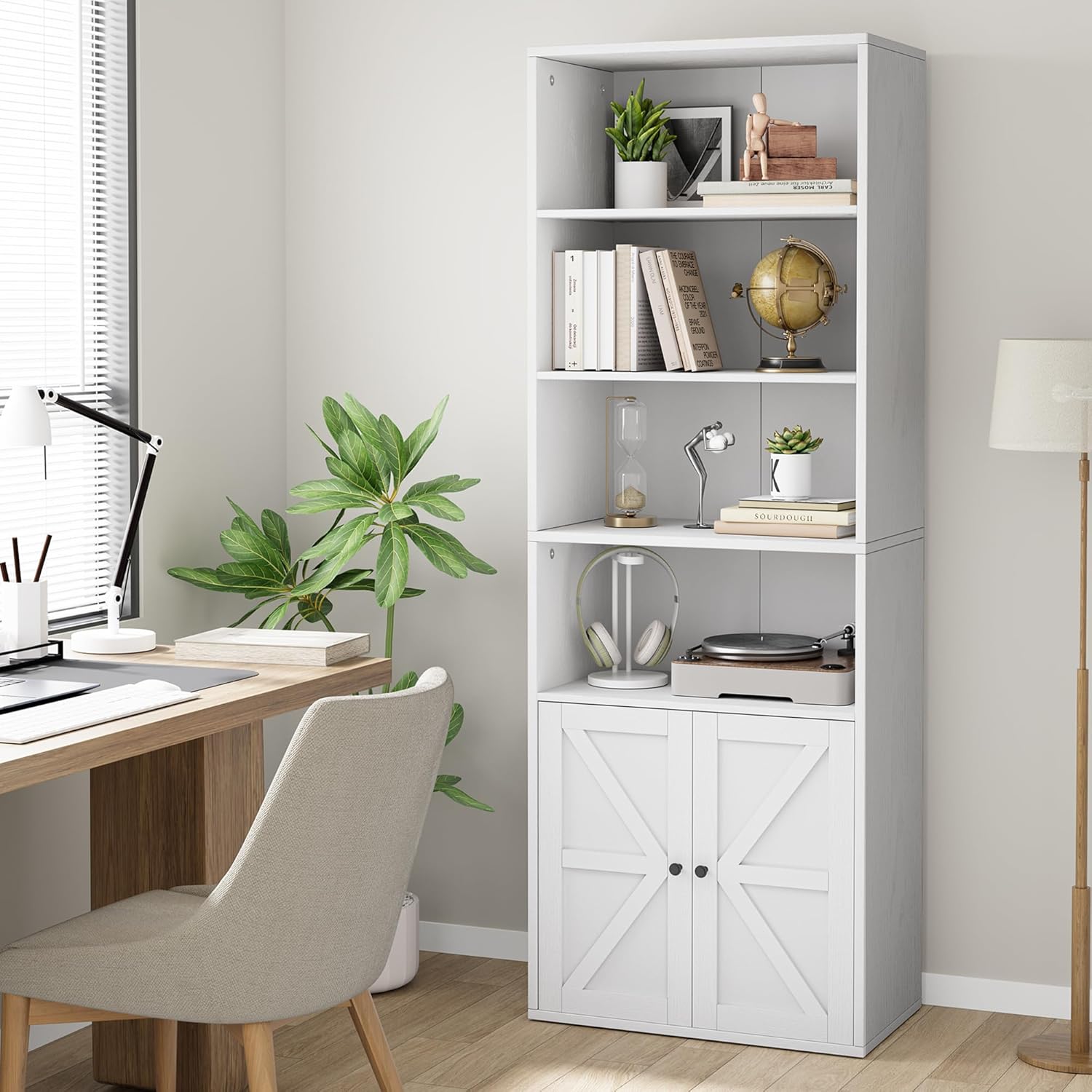 Farmhouse Bookcase with Doors Industrial Bookshelf White Display Storage Shelves 71.4in Tall Bookcases Wooden 6 Shelf Bookshelvels for Bedroom, Living Room, Home Office
