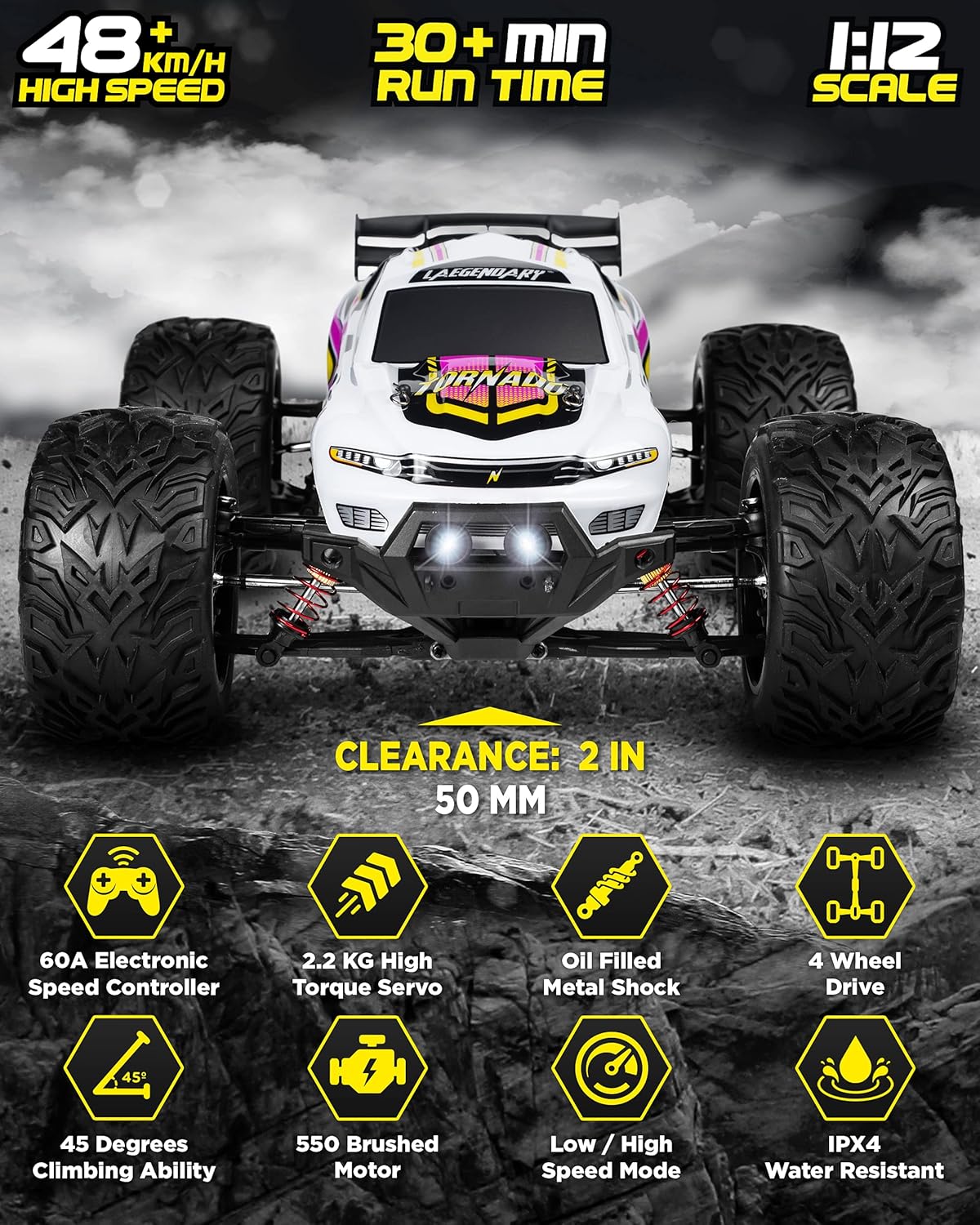 LAEGENDARY Remote Control Car - 4x4 Off Road RC Cars for Adults & Kids - Battery-Powered, Hobby Grade, Waterproof Truck - Reaches up to 30+ MPH -Purple - Yellow