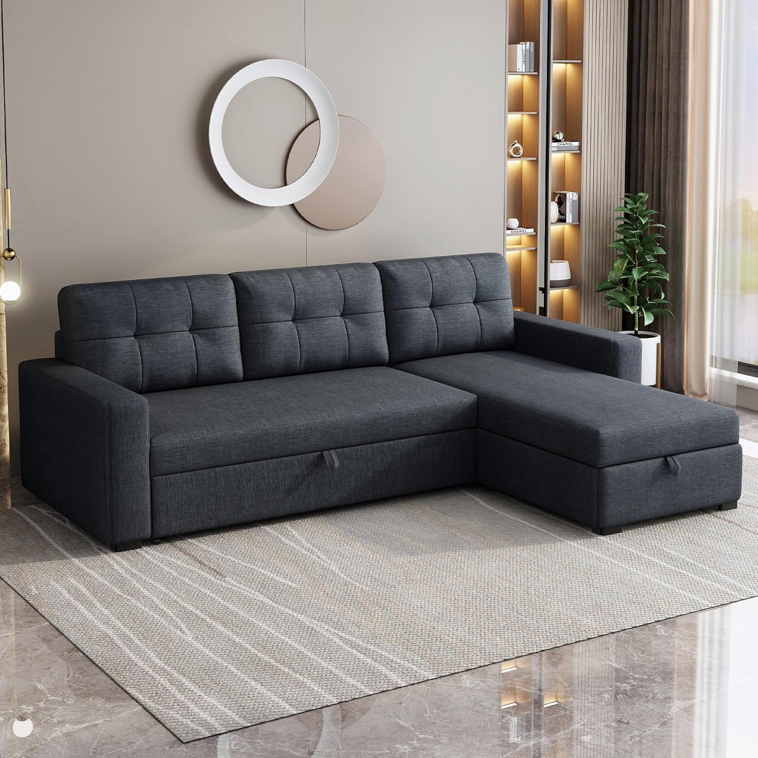 Sleeper Sofa Couch with Pull Out Bed,L Shaped Sleeper Sofa with Storage,Sectional Sleeper Couch,Convertible Sleeper Sectional Sofa W/Chaise and 3 Back Cushions,for Living Room,Office,Dark Grey