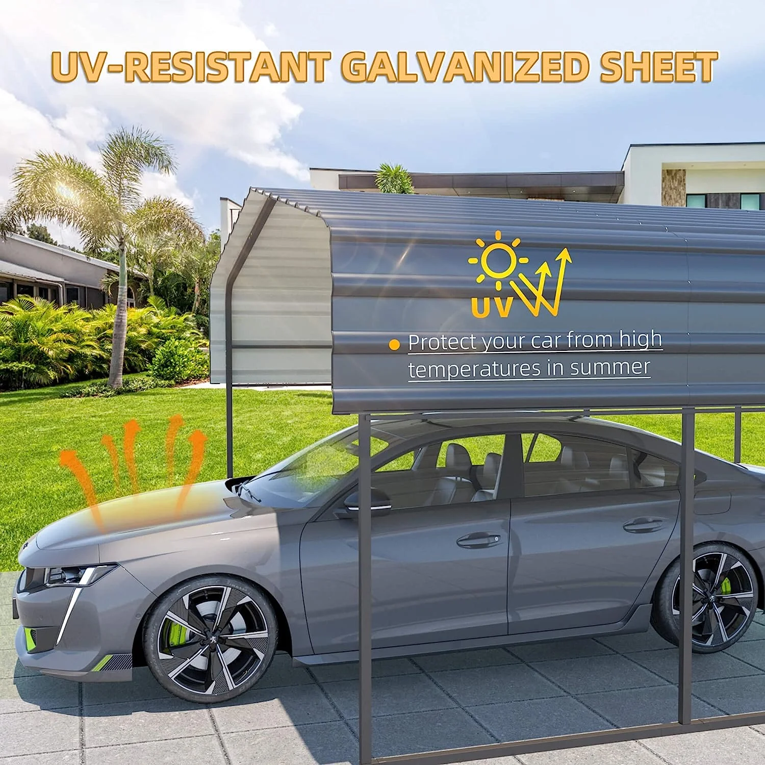 Hommow 10 x 15 ft Carport with Galvanized Steel Roof, Multi-Use Shelter, Sturdy Metal Carport for Cars, Boats, and Tractors