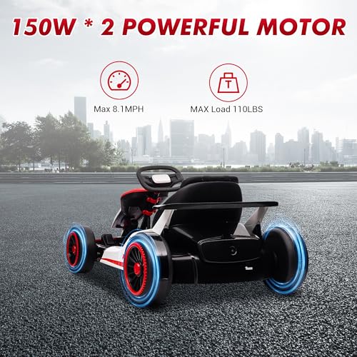 Go Kart, Electric Drift Kart Car with Adjustable Seat, 24V 7Ah Outdoor Ride On Toy, 2 * 200W Motor, 8.1 MPH, LED Lights, Toy Race Car for Kids 6-12 Years Old