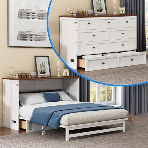Full Murphy Bed, Full Murphy Cabinet Bed with Storage Drawers, Murphy Bed with Charging Station, Wood Murphy Bed Cabinet Bed, Murphy Bed Chest Murphy Bed Frame Wall Bed for Guest Bedroom, White+Walnut