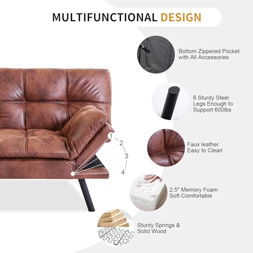 MUUEGM Faux Leather Futon Bed, Convertible Memory Foam Sofa Bed, Modern Love Seat for Living Room,Compact Space,Apartment,Office,Adjustable Backrests Armrests Couch Sleeper,71" Sofas, Matte Black