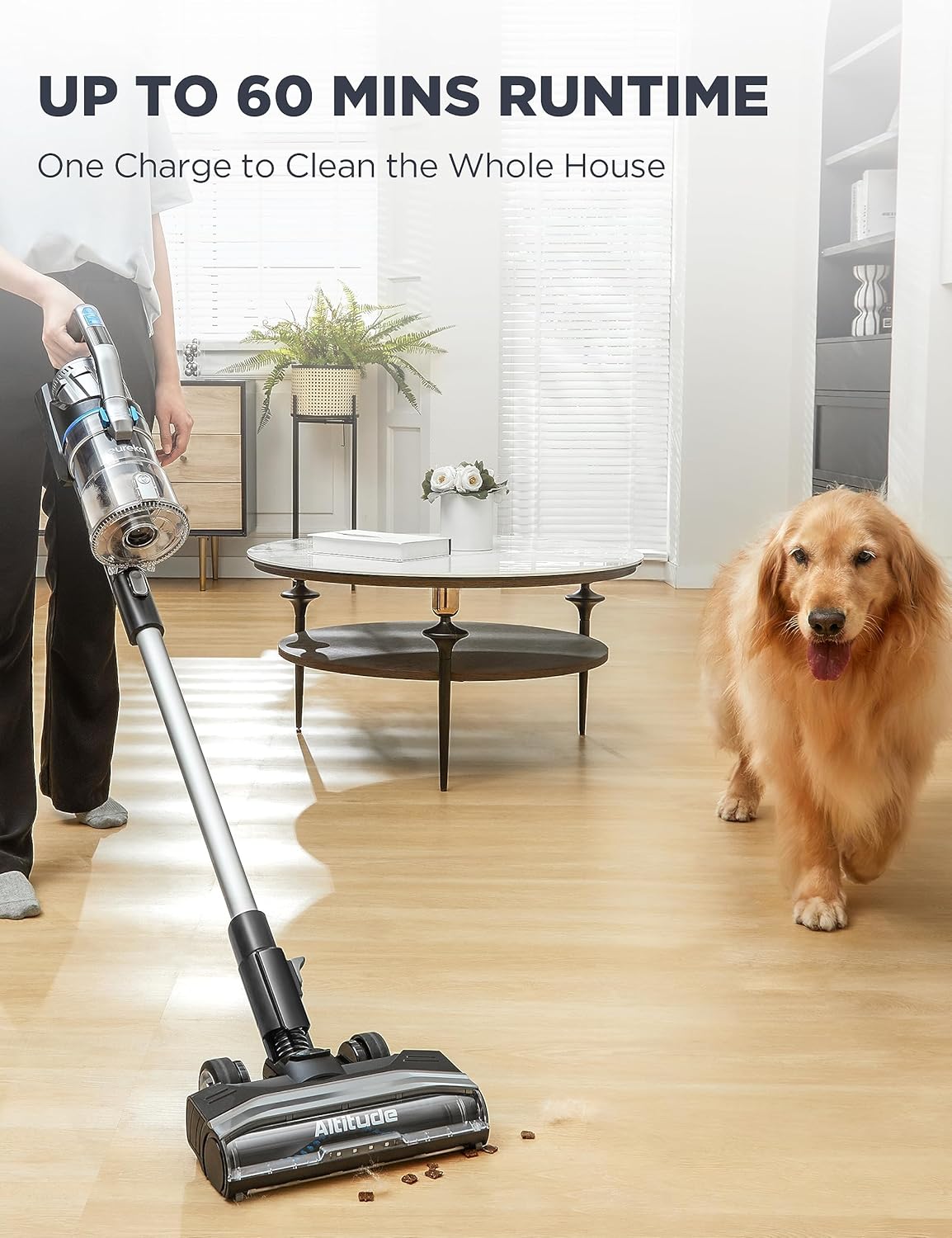 Eureka Cordless Vacuum Cleaner, Stick Vacuum for Home Pet Hair Carpet Hardfloor, Powerful Suction, Dual LED Headlights, 180° Flexible Brush Head, 60 Mins Runtime, Black and Silver