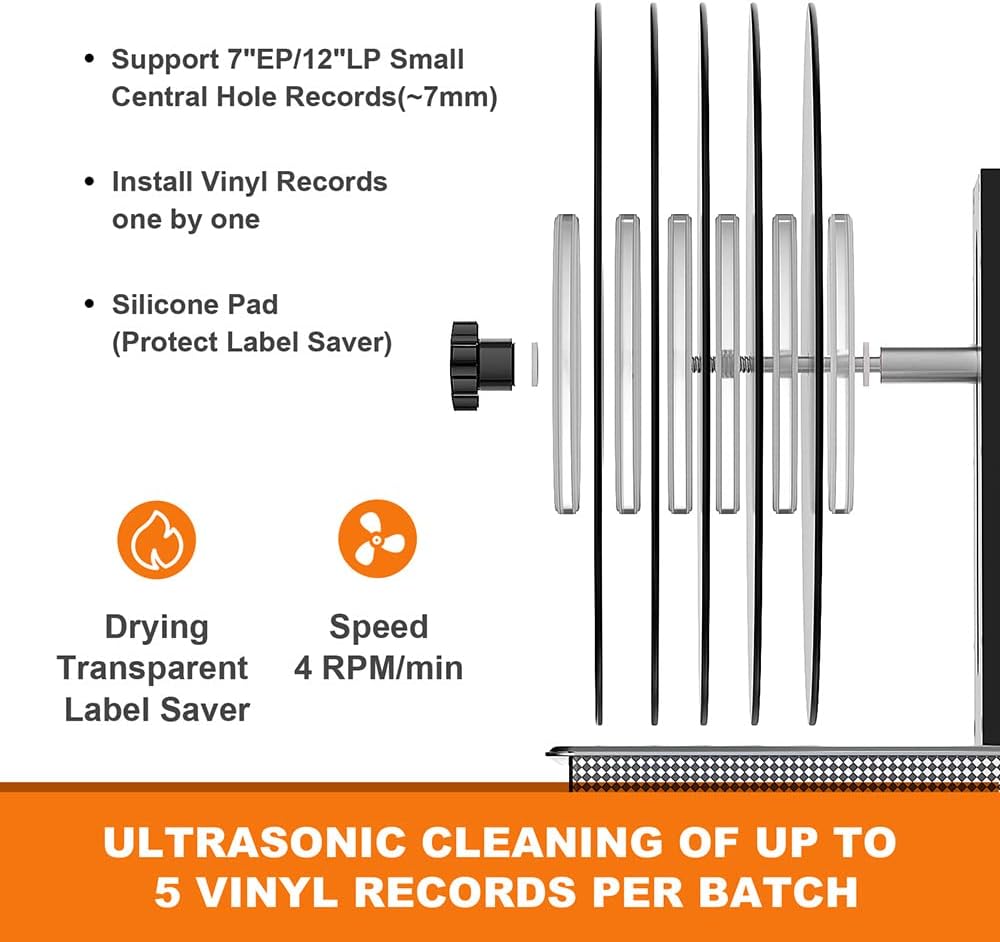 WEWU ROUNDS LP Vinyl Record Ultrasonic Cleaner with Records Bracket 1-5 Records Per Batch Raising Descending Auto-Drying