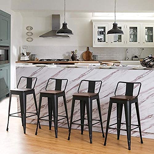 Andeworld Bar Stools Set of 4 Counter Height Stools Industrial Metal Distressed Barstools with Low Back Wooden Seats (30 Inch, Distressed White)
