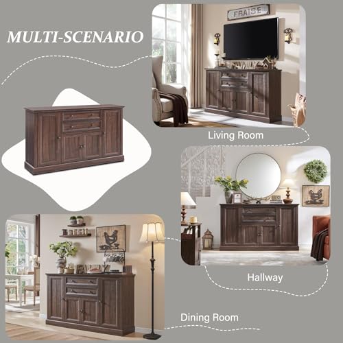Farmhouse 58" Buffet Cabinet with Storage, 34" Tall Coffee Bar Cabinet w/2 Large Drawers & 4 Grooved Barn Doors, Wood Rustic Sideboard Buffet Cabinet for Dinning Room, Kitchen, Living Room,Brown