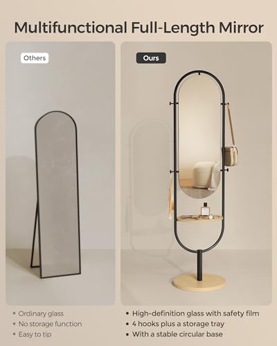 SONGMICS Full-Length Floor Mirror, 3-in-1, Modern Standing Full Body Mirror, Inspired by Original Award-Winning Design, 16.5 x 18.9 x 68.9 Inches, Living Room, Bedroom, Oak Beige and Ink Black