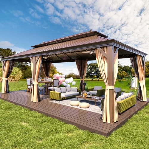 MELLCOM 12'x16' Hardtop Gazebo, Galvanized Steel Metal Double Roof Canopy with Curtains and Netting, Brown Permanent Pavilion Gazebos with Aluminum Frame for Garden, Patio, Lawns, Deck