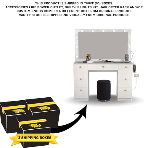 Boahaus Lyra LARGE Makeup Vanity Desk with Lights, 7 Drawers, Black Vanity Mirror with Lights Built-in, Drawer with Jewelry Divider, Power Outlet, Gold Crystal Ball Knobs, 56'' H x 46.3'' W x 14.6'' D