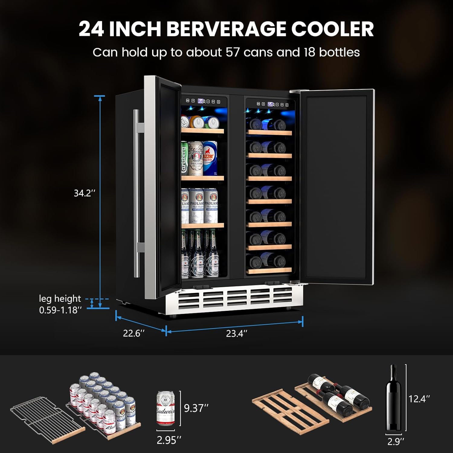 24 Inch Outdoor Wine Refrigerator, Weather Proof Stainless Steel Dual Zone Beverage Fridge, Under Counter Built-In or Freestanding Beer Cooler with Digital Display for Home and Commercial Use