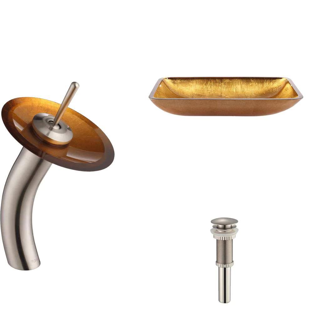 Kraus Golden Pearl Rectangular Glass Vessel Sink and Waterfall Faucet - Satin Nickel