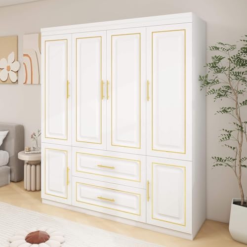 WRR 74" Bedroom Armoire Wardrobe Closet Cabinet with Drawers,3 Doors Wooden Wardrobe Closet with 2 Drawers & Hanging Rod Wooden Closet Cabinet for Large Capacity, Tall Wardrobe Storage Cabinet White