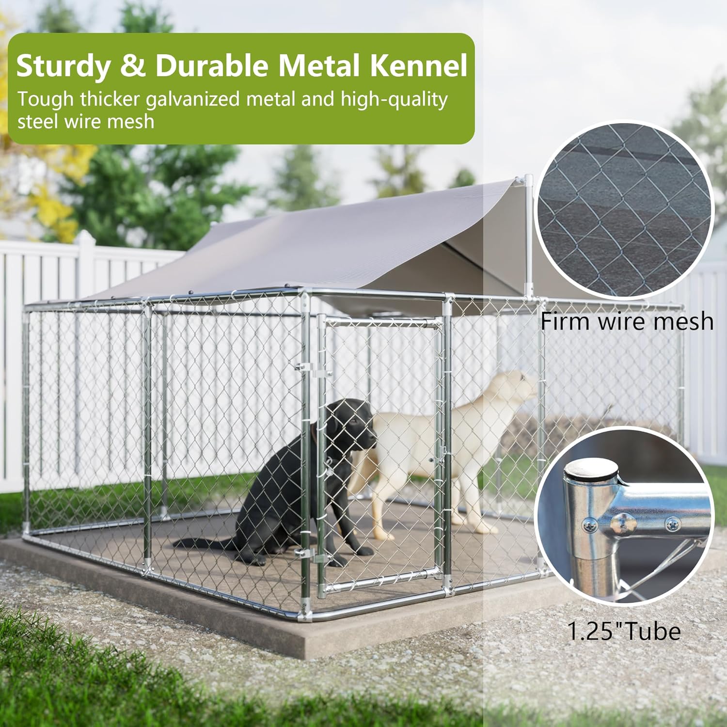 GNIXUU 7.5' x 7.5' Large Outdoor Dog Kennel, Heavy Duty Outdoor Fence Dog Cage with WaterProof UV-Resistant Cover, Galvanized Chain Link Dog Playpen House with Secure Lock for Backyard, Farm