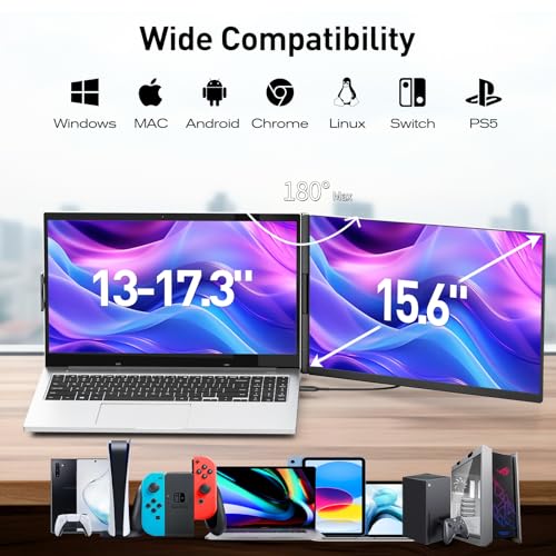 Laptop Screen Extender, 15.6" Portable Monitor for Laptop with 120% sRGB, FHD IPS & USB to HDMI Hub & 235° Rotation, Triple Monitor Extender Plug & Play Fits for All Laptops (Mac/Win/Android)