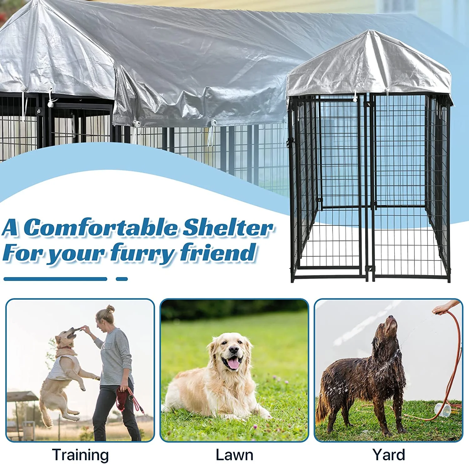 Dog Kennel, Crate Cage, Extra Large Welded Wire Pet Playpen with UV Protection Waterproof Cover and Roof Outdoor Heavy Duty Galvanized Metal Animal Enclosure for Outside