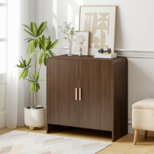 60" Sideboard Buffet Cabinet with Storage, Curved Design Farmhouse Coffee Bar Cabinet with 4 Doors & Adjustable Shelves for Living Room, Kitchen, Hallway, Walnut