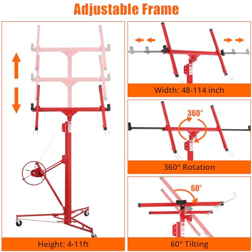 Drywall Lift 11FT, Drywall Jack Lift for Ceiling, Adjustable Panel Hoist, 150LBS Heavy Duty Drywall Lifter, 3 Lockable Wheels Foldable Sheetrock Lift for Home Improvement, Red