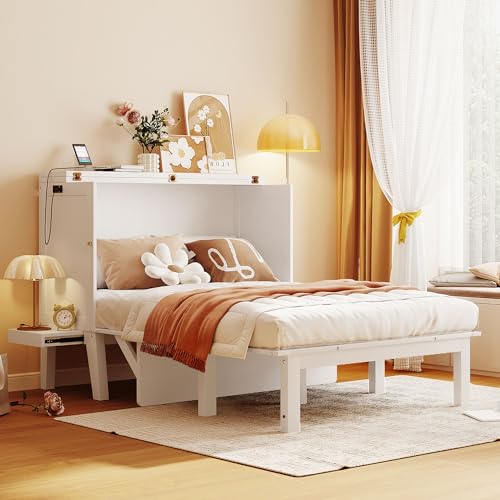 Queen Size Murphy Bed with USB Port and Removable Shelves on Each Side, Solid Wood Muti-functional Cube Cabinet Bed for Home Office (Grey/W1)