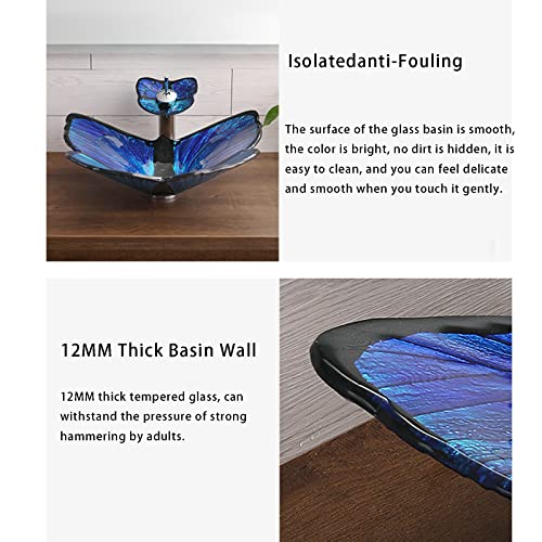 Bathroom Vessel Sink, Tempered Glass Vessel Butterfly Sink Artistic Top Mount Installation Bathroom Sinks with Pop Up Drain Waterfall Faucet,Blue