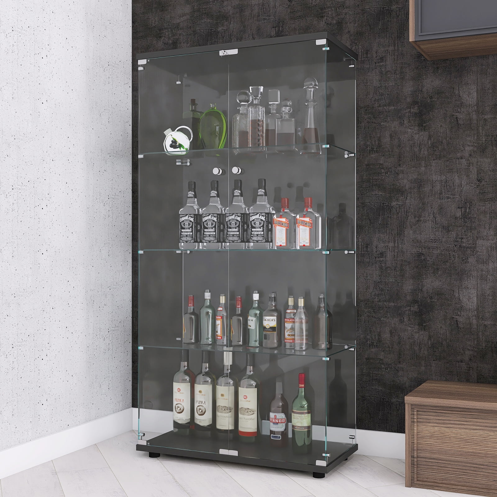 Glass Cabinet with 2 Clear Door, Curio Display Cabinet with 4 Shelves Glass Tower, 64'' High Figure Storage Display Corner Cabinet, Contemporary 4-Tier Retail Display Cases, Black, SS2834