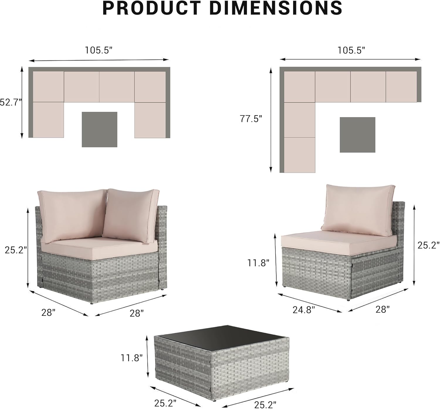 7 Piece Patio Furniture Outdoor Conversation Set, All-Weather PE Rattan Wicker Sectional Sofa w/Coffee Table & Thickness Cushion for Deck, Porch, Terrace, Beige
