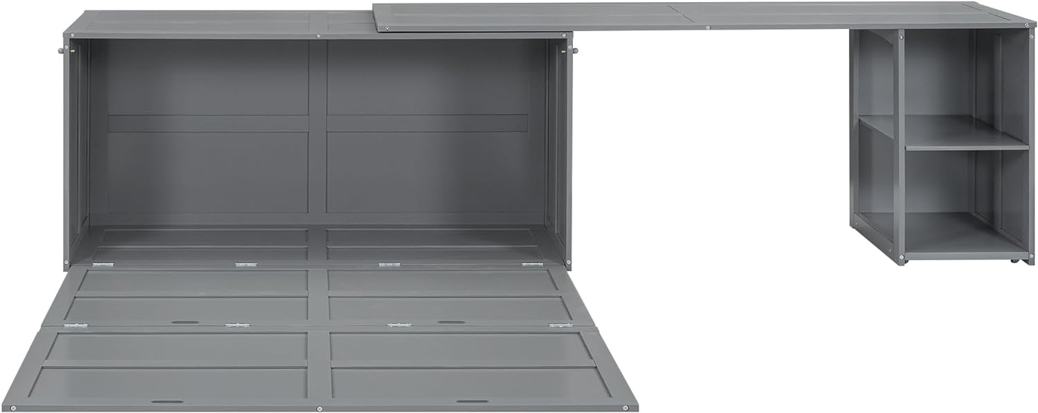 Merax Murphy Bed Queen Size, Murphy Cabinet Bed with Rotatable Desk and Shelves, Gray