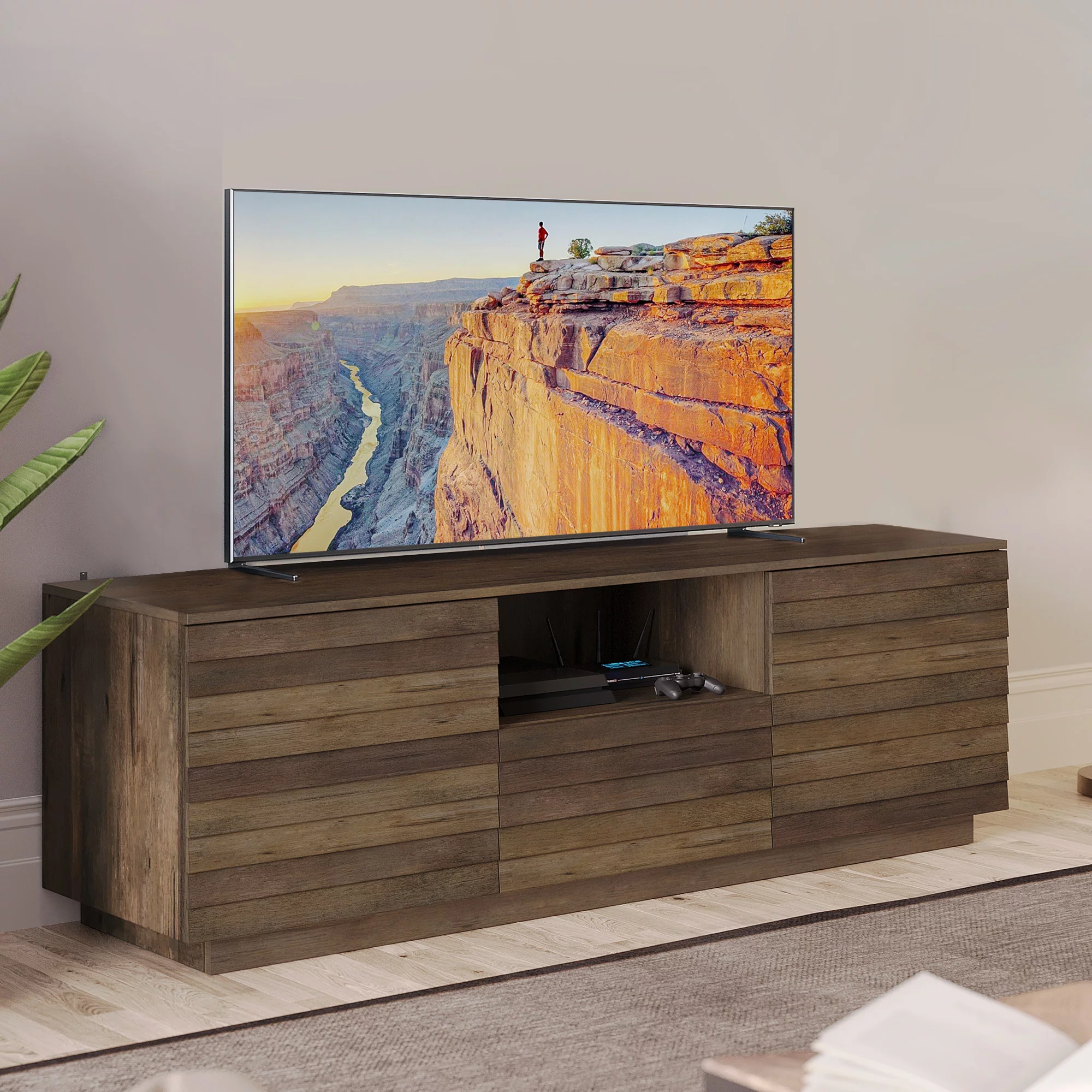 BELLEZE Modern Farmhouse 65" TV Stand for TVs Up to 75", Media Console Table with Open Shelf, Storage Drawer Unit for Bedroom, Living Room - Discover (Brown)