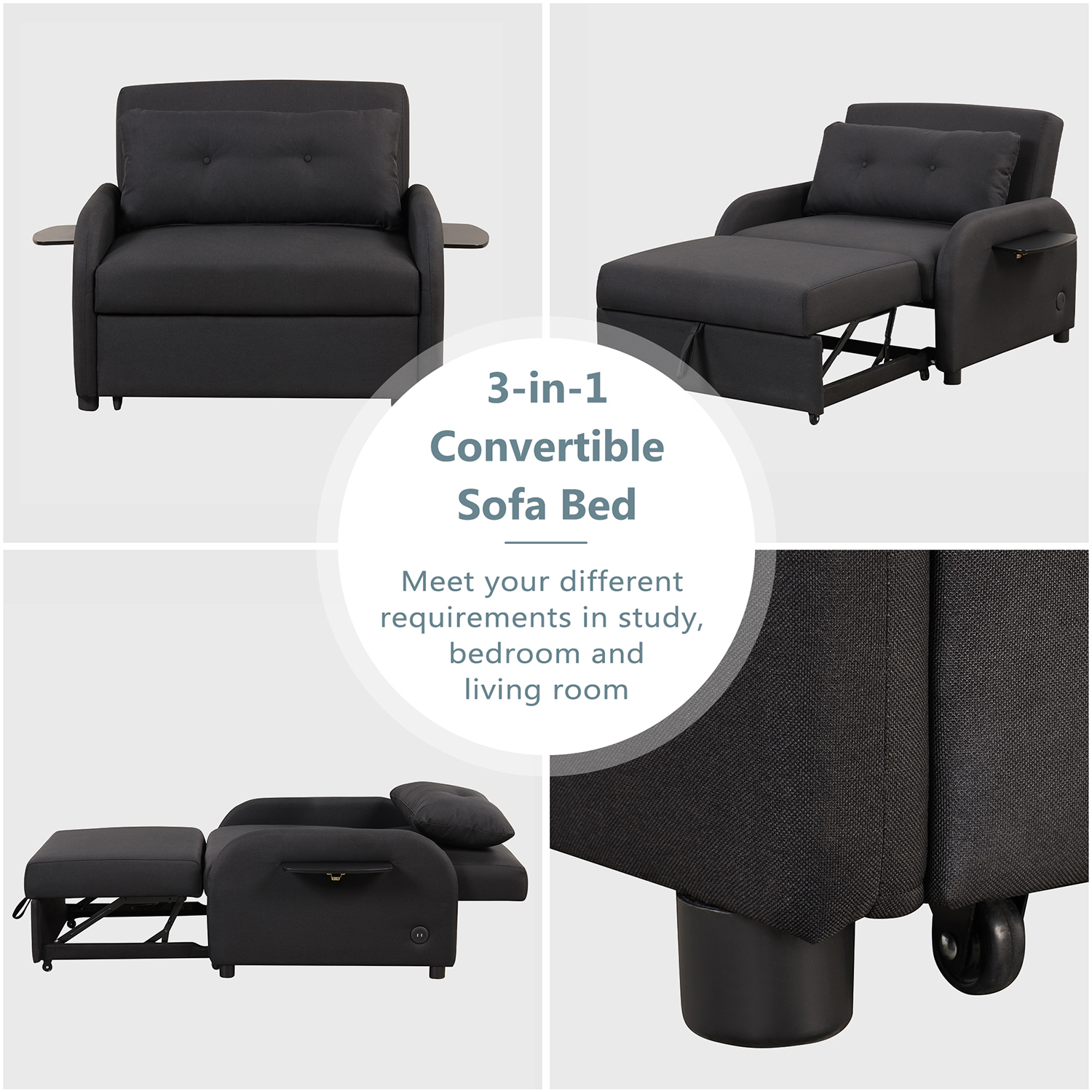 Churanty Sofa Bed Chair 3 in 1 Convertible Lounger Sleeper Single Recliner for Small Space with Adjustable Backrest,2 Wing Table Side Pocket and USB Charge,Black