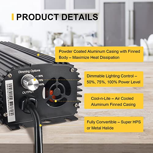 iPower Horticulture 400W HPS Grow Light Kit, 6" Hydroponics Air Cooled Reflector, Digital Dimmable Electronic Ballast, High Pressure Sodium Bulb, Plug-in Mechanical Timer