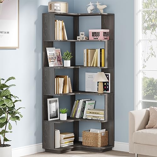 65-Inch Tall Corner Bookshelf, 6-Tier Industrial Corner Bookcase with Side Panels, Freestanding Wood Grain Corner Shelf Display Rack for Home Office, Living Room