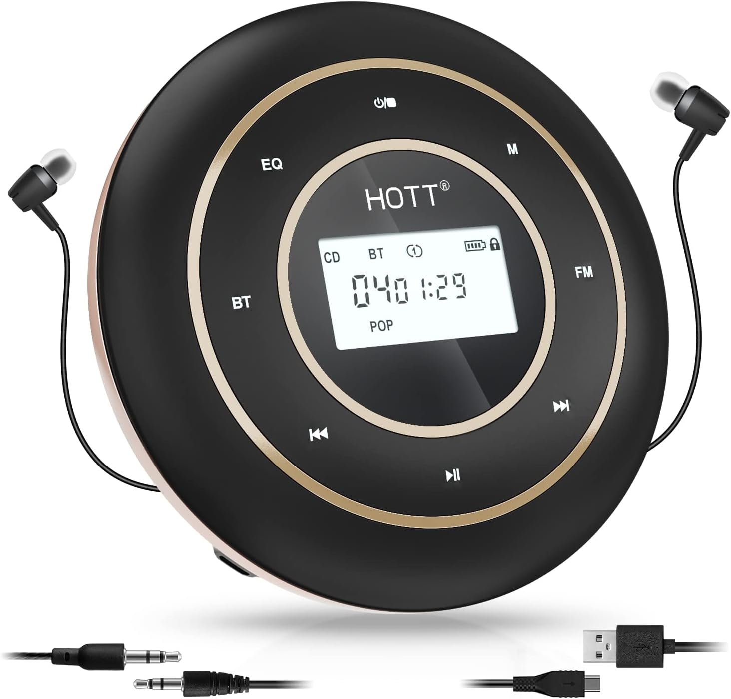 HOTT C105 Portable CD Player with Larger LCD Display, CD Player Portable for Car with Bluetooth and FM Transmitter, Walkman CD Player with Headphone Jack AUX Cable for Kids Adults - Home Travel