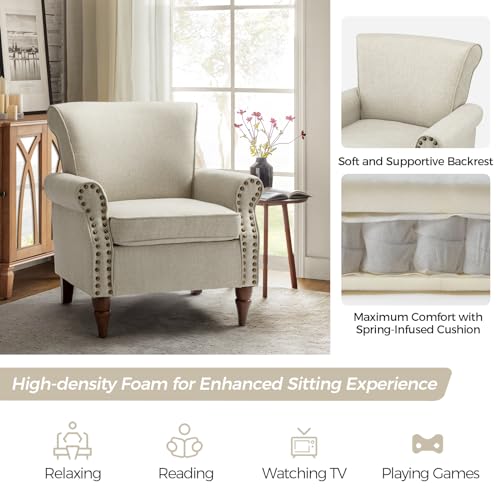 HULALA HOME Modern Accent Chair with Wooden Legs & Nailhead Trim, Small Fabric Club Chair, Comfy Upholstered Armchair Lounge Chair for Bedroom Living Room Single Sofa(Ivory)