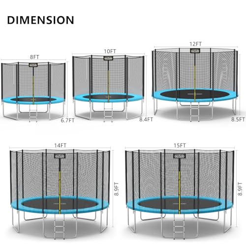 AOTOB 8FT 10FT 12FT 14 FT 15FT Trampoline with Safety Enclosure Net，Outdoor Trampoline with Basketball Hoop, Heavy Duty Jumping Mat and Spring Cover Padding for Kids and Adults, Storage Bag and Ladder