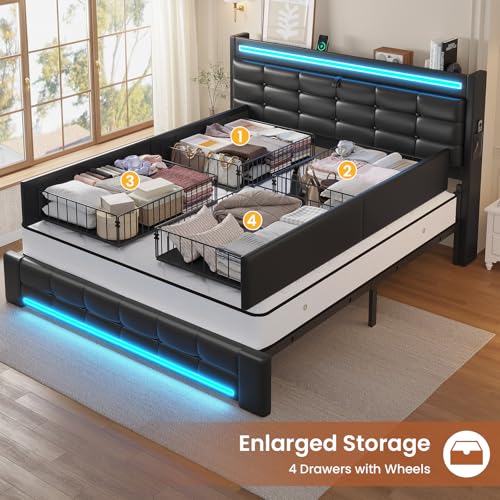 ADORNEVE Queen Bed Frame with Storage Headboard & 4 Drawers, LED Bed Frame Queen with Charging Station, Leather Upholstered Platform Bed Frame with Button Tufted, No Box Spring Needed, Black PU