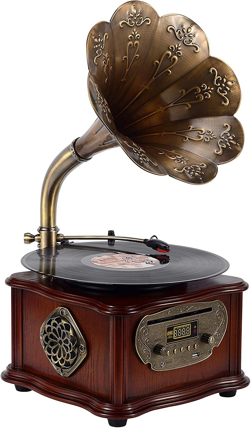Wooden Phonograph Gramophone Turntable Vinyl Record Player Speakers Stereo System Control 33/45 RPM CD FM AUX USB Ouput Bluetooth 4.2