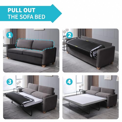 CECER Queen Size Pull Out Sofa Bed, 2-in-1 Design Pull Out Couch Bed with Foldable Mattress, Upholstered Velvet Convertible Sleeper Couch Bed for Living Room, Apartment, Office (Queen, Beige)