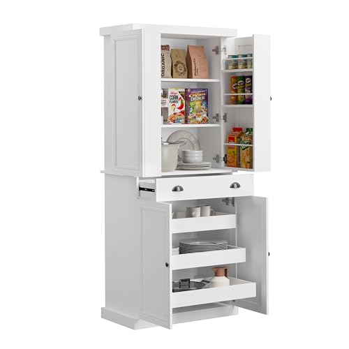 HollyHOME 72" Kitchen Pantry Cabinet, Storage Cabinet with 4 Doors and 1 Drawer, Freestanding Cupboard with Adjustable Shelves and 6 Door Shelves for Kitchen, Dining Room, Living Room, White