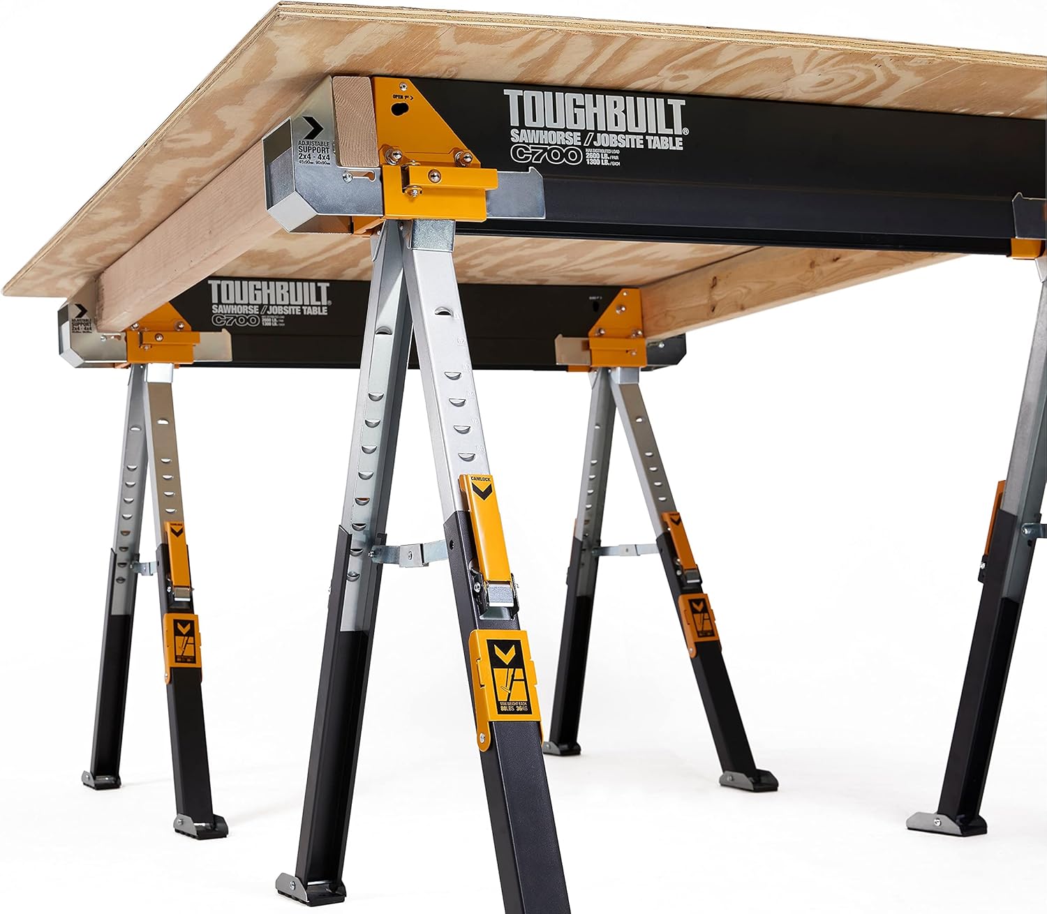 ToughBuilt - Folding Sawhorse - Sturdy, Durable, Lightweight, Heavy-Duty, 100% High Grade Steel - Adjustable up to 4x4 Size Support Arms - 1300 LB Capacity - (TB-C700) - 2 Pack