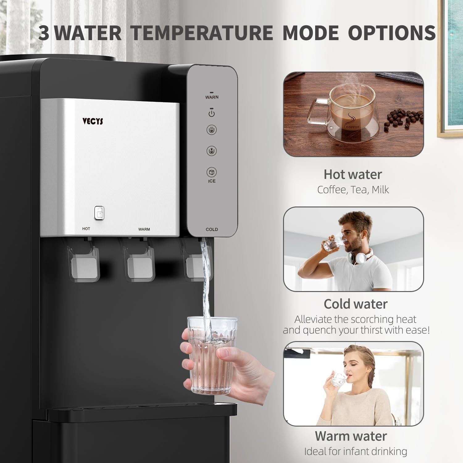 Water Dispenser Cooler with Ice Maker, 27LBS Daily Ice Making and Hot Cold Water Supply, Child Safety Lock and Compatible with 3 or 5 Gallon Bottles, Ideal for Home and Office
