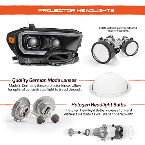 AKKON - For NEW Sequential LED Tube Design Black 2016-2023 Toyota Tacoma SR/SR5 Dual Square Projector Headlights