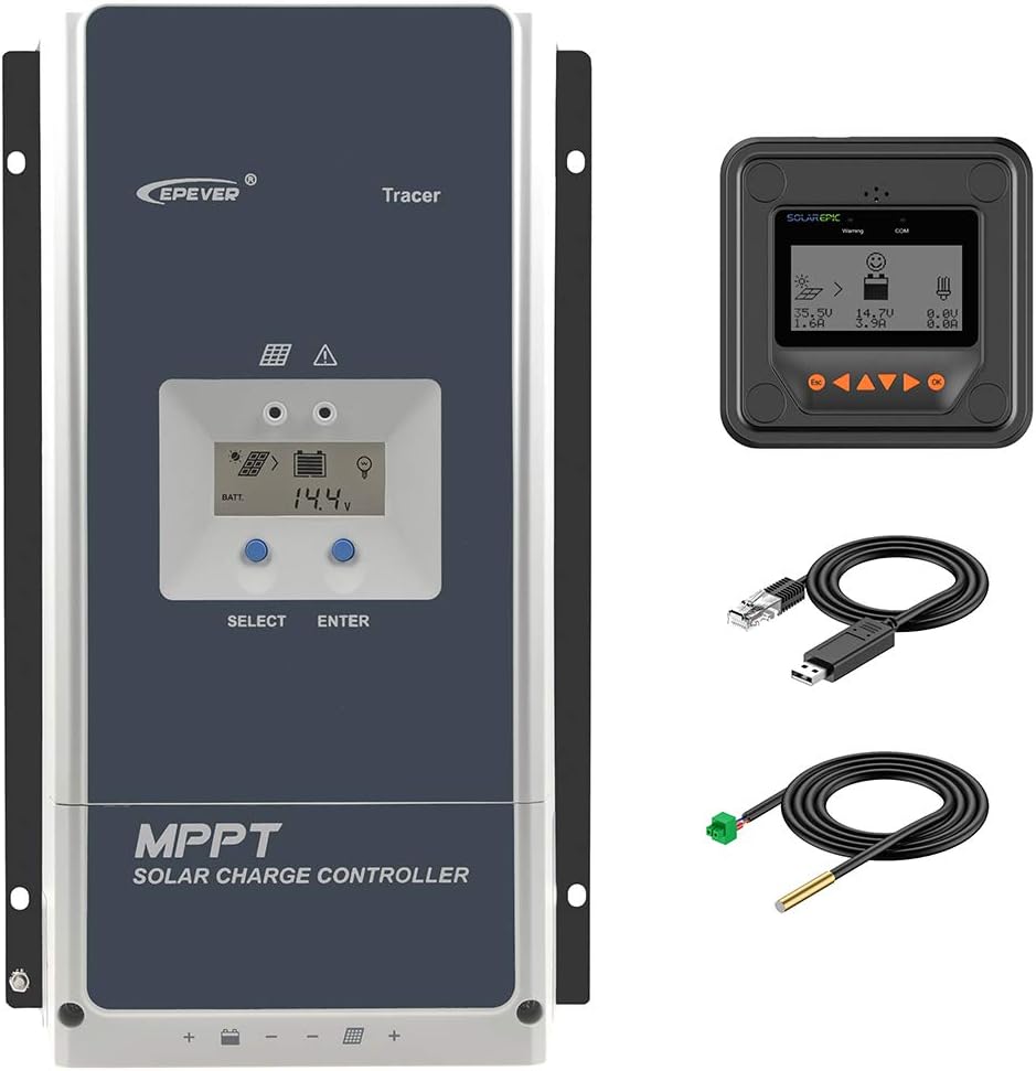 EPEVER MPPT Solar Charge Controller 80A Negative Ground 200V PV Solar Panel Charger with MT50 Remote Meter Temperature Sensor & PC Communication Cable