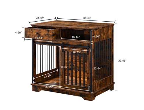 Dog Crate Furniture, Dog Crate Table with Sliding Barn Door, 35" Dog Kennel Furniture Heavy Duty Wood Crates for Small/Medium/Large Dogs Kennel Indoor Brown One Size