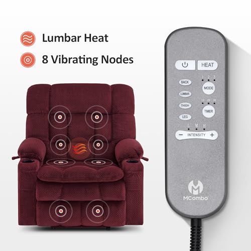 MCombo Dual Motor Power Lift Recliner Chair with Massage and Heat for Elderly People, Infinite Position, USB Ports, Cup Holders, Fabric 7890 (Medium-Regular, Burgundy)