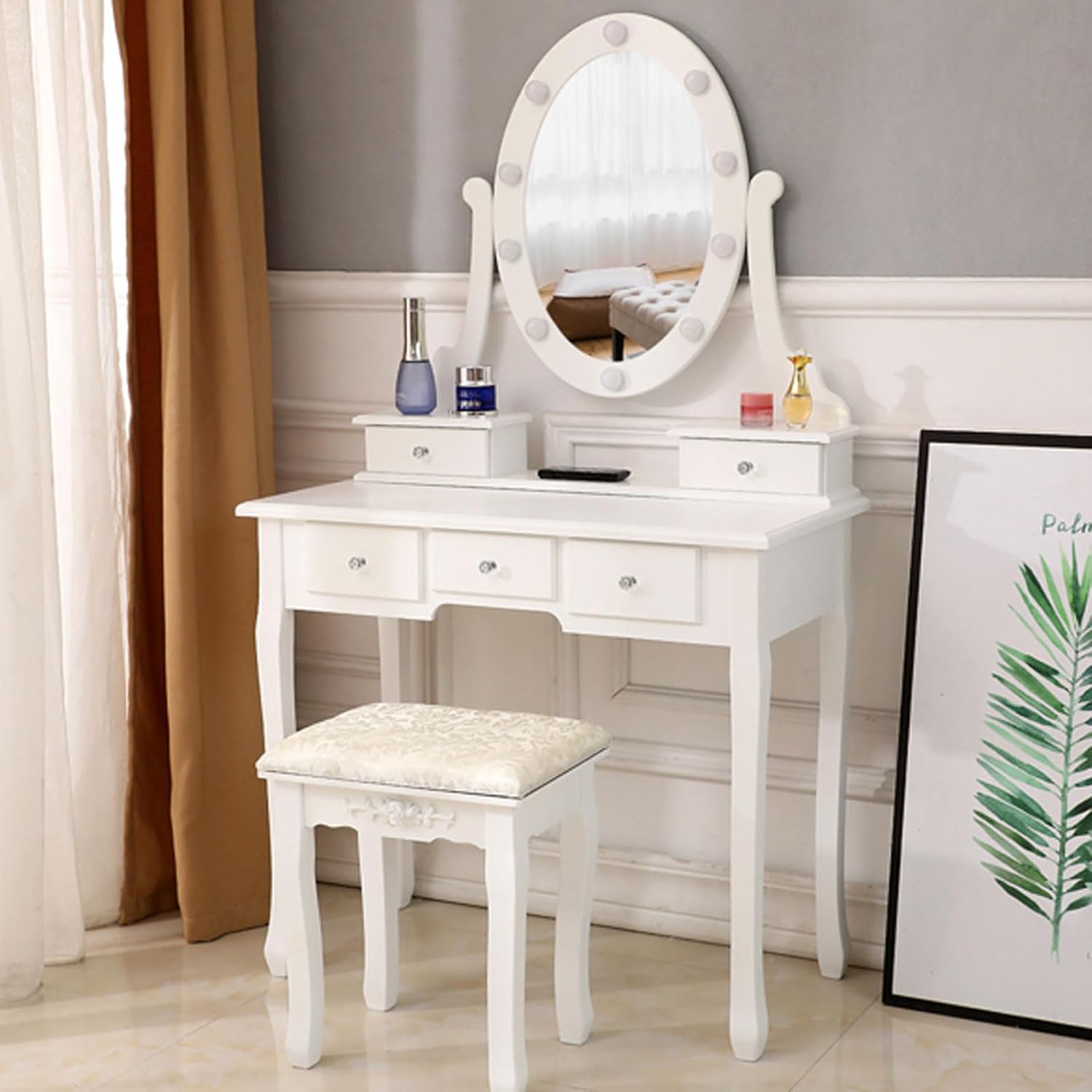 Vanity Desk with Mirror, Makeup Vanity Table with Lights and 5 Drawers Dressing Table for Bedroom Dressing Room