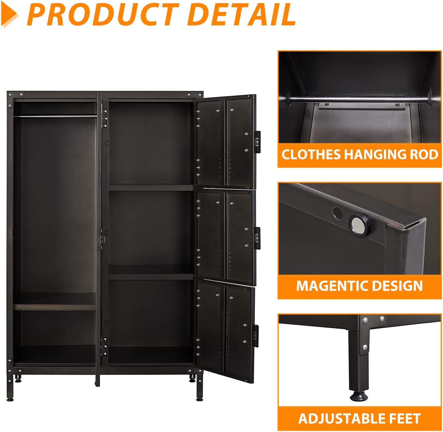 Metal Locker Storage Cabinet, 55" Employees Locker with 4 Doors, Steel Retro Wardrobe with Adjustable Feet for Home, Office, Gym, School