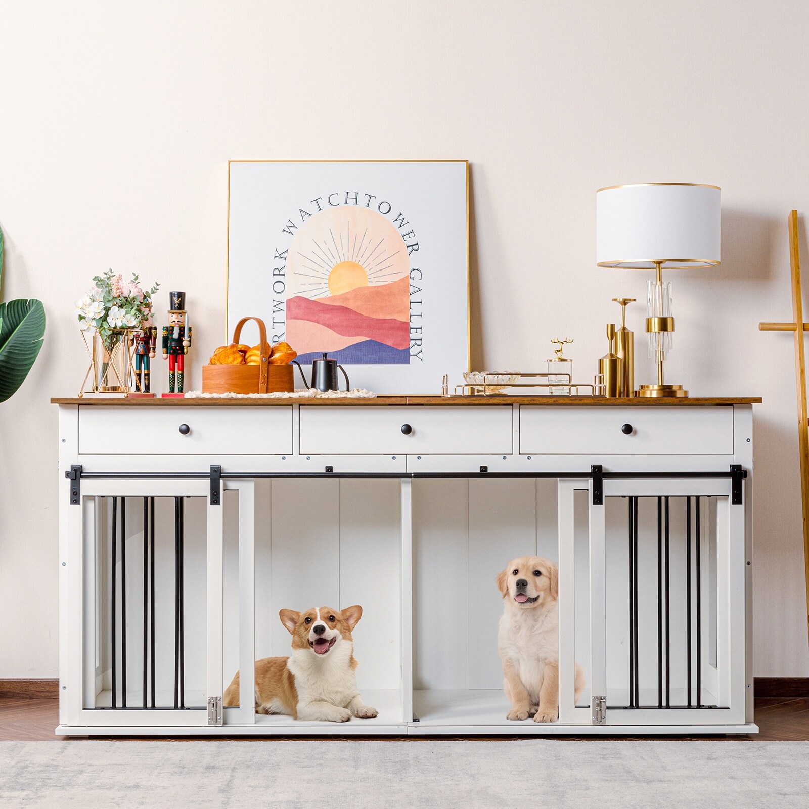 72" Dog Crate Wooden Dog Kennel Furniture with 3 Drawers XXL Heavy Duty Dog Crate