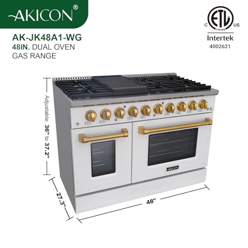 Akicon 48 Inch Freestanding Gas Range - 6.7 cu. ft. Double Rapid Convection Gas Oven with Blue Porcelain Interior - Gas Stove with 8 Sealed Burners & a Griddle, Heavy Duty Cast Iron Grates